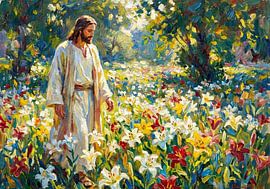 Jezus in het veld met lelies: Natuurkunst in de heilige tuin