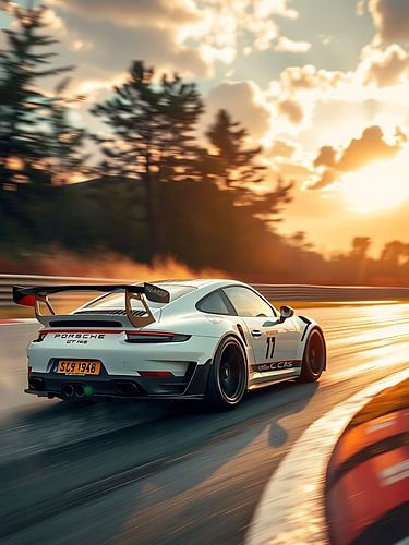 Porsche 911 GT3 RS Wit rijdt te hard op baan bij zonsondergang