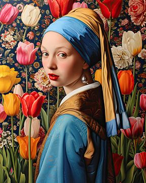 Champ de tulipes et jeune fille avec une boucle d'oreille en perle sur Vlindertuin Art