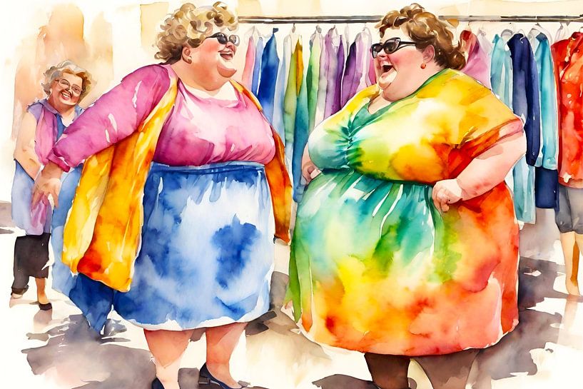 2 gesellige Damen probieren Kleidung an von De gezellige Dames