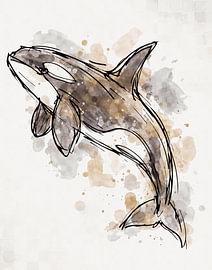 Aquarelltiere – Skizzenstil in Braun- und Grautönen – Orca springt aus dem Meer von Emiel de Lange