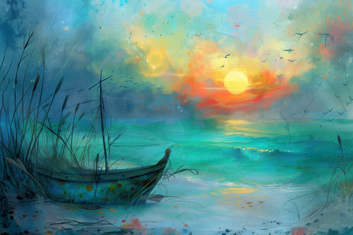 Colourful painting of a sunset by the sea