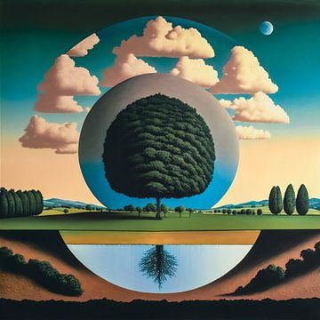 surrealistisch zomerlandschap met bomen en wolken van Roger VDB