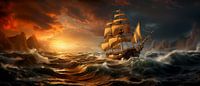 Zeilschip tijdens stormachtige zonsondergang