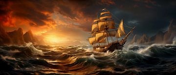 Sailing ship during stormy sunset by Preet Lambon