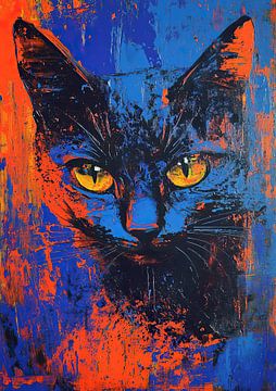 Zomer Kat Schilderij | Kat met Oranje Ogen van Abstract Schilderij