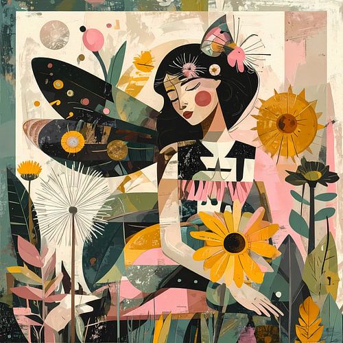 Fee expressionitisch en kleurig met bloemen in roze geel zwart en beige