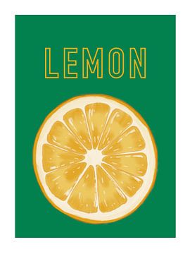 Illustratie van een schijf citroen waarbij de sappige schijfjes te zien op een contrasterende groene achtergrond kleur, leuk voor in de keuken van UMA Digital NL