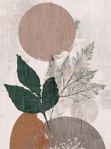 Japandi Art: Botanische bladeren met abstracte cirkels