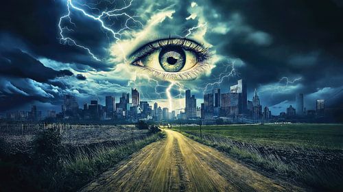 Stormachtige lucht boven de stad met een enorm oog