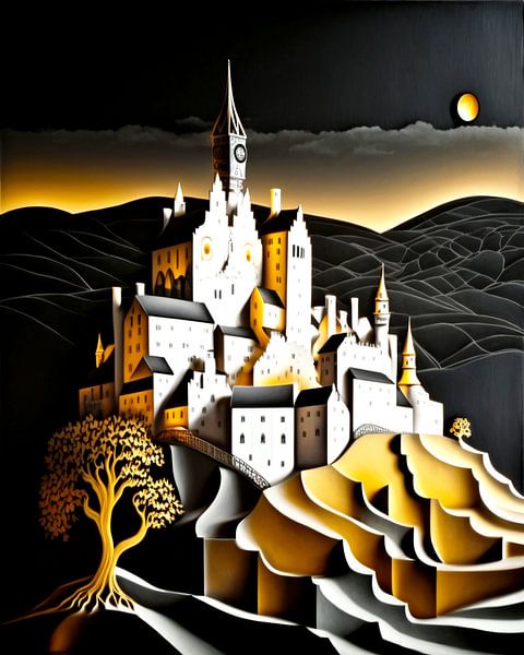 Paysage miniature papier blanc noir gris jaune maisons château fort par gm_designs