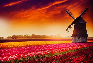 Oude windmolen in een tulpenveld in Nederland Illustratie