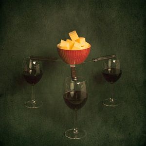 Red wine, cheese and a floating bowl, a still life inspired by the Dutch masters