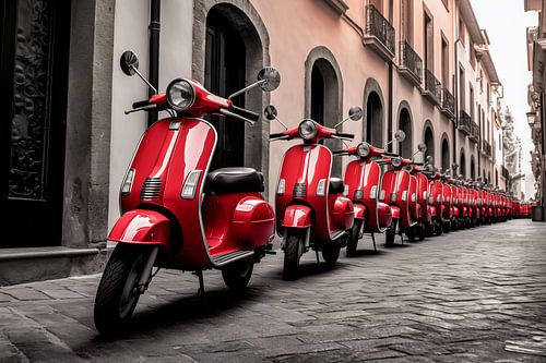 Black and white photo of an old town with red retro scooters