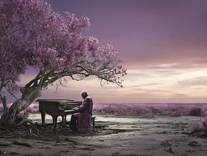 Pianist unter lila Baum | Verträumte Serenade