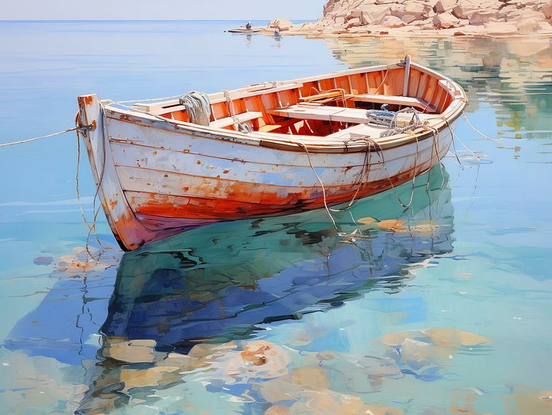 Kleines Ruderboot im bunten Meer, Öl von ColorWorldwide