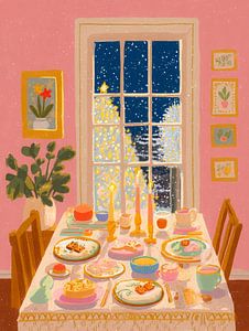 Warmer Wintertisch - stimmungsvolles Weihnachtsinterieur mit Blick auf den Schnee