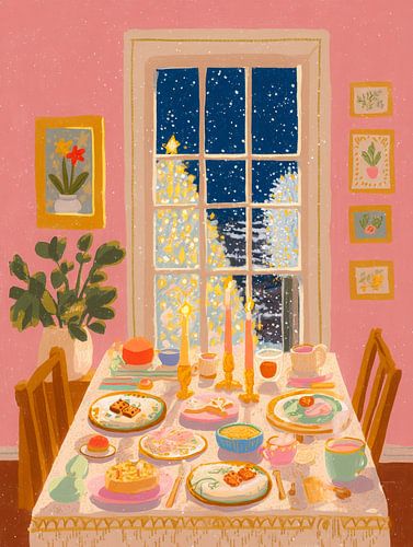 Table d'hiver chaleureuse - intérieur de Noël atmosphérique avec vue sur la neige