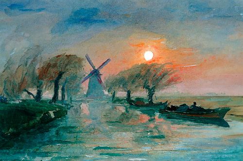 Een molen langs de waterkant bij zonsondergang