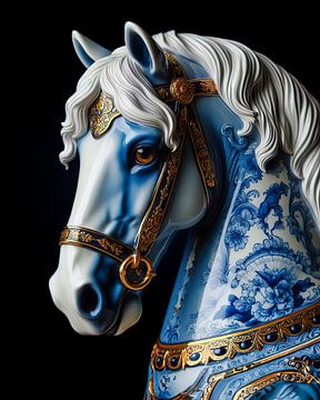 Delfts blauw porselein paard met witte manen en goudkleurig hoofdstel van John van den Heuvel