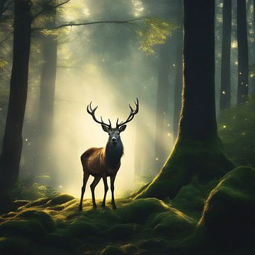 Majestic Deer in Mystical Forest with Magical Light by DesignByDessie