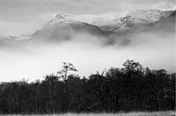 Schwarzweißfoto eines dramatischen Nebelmorgens am Fuße der Ben Navis in Schottland. von Guido Boogert Miniaturansicht