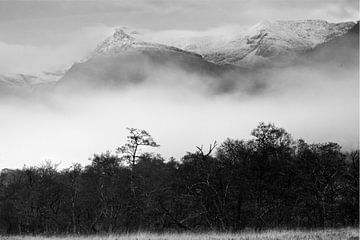 Schwarzweißfoto eines dramatischen Nebelmorgens am Fuße der Ben Navis in Schottland. von Guido Boogert