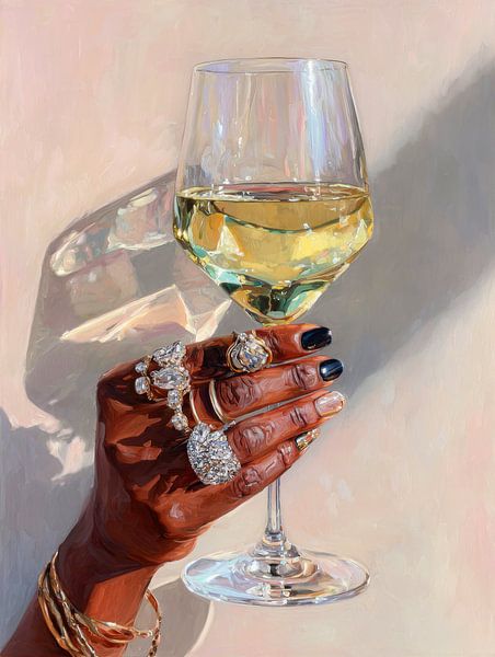 Luxury and brilliance: elegant black hand with diamonds and glass of white wine in warm light by But First Framing