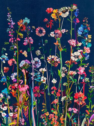 A Colourful Field of Flowers on Deep Blue