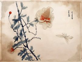 Japandi Art: Traditional oriental art: Hibiscus with butterfly by Studio Pieternel