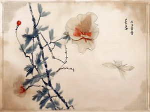 Japandi Art: Traditionelle orientalische Kunst: Hibiskus mit Schmetterling