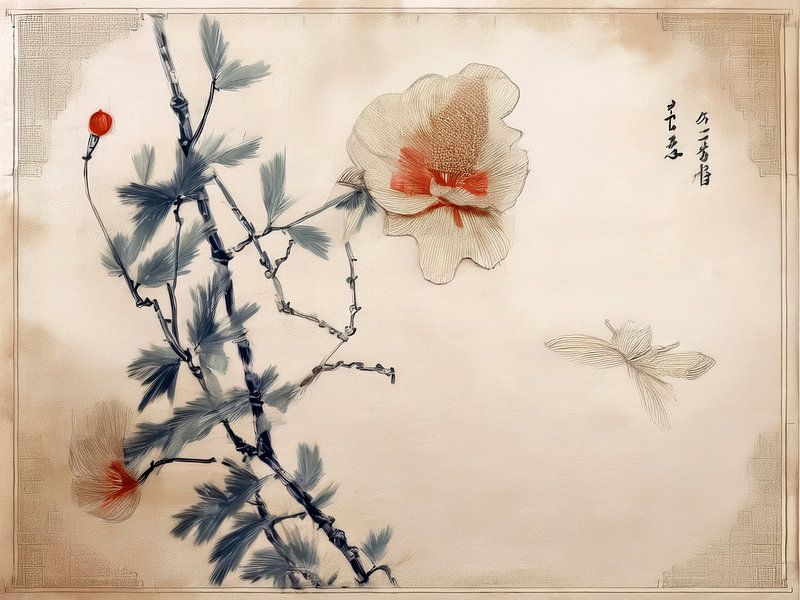 Japandi Art: Traditionele Oosterse kunst: Hibiscus met vlinder van Studio Pieternel