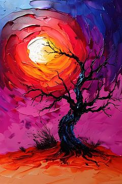 Abstracte kleurrijke boom bij zonsondergang van De Muurdecoratie