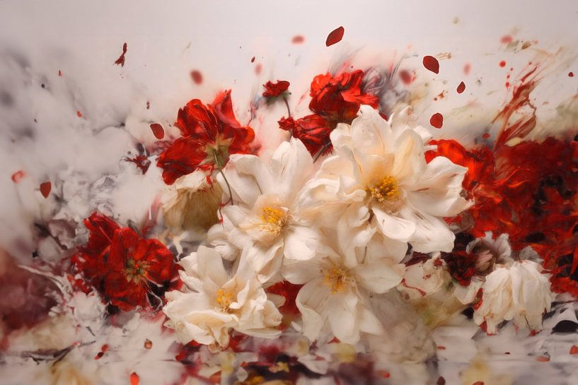 Dahlias in Red and White – Expressive Floral Art by Joriali photography and paintings