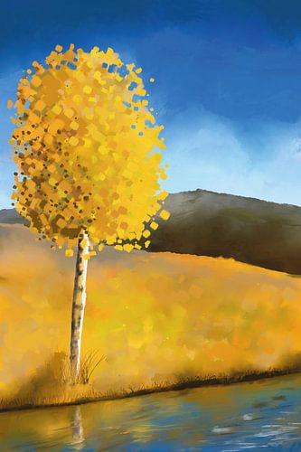 Tree in yellow near a river under a bright blue sky