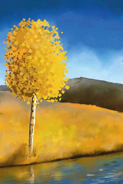 Tree in yellow near a river under a bright blue sky by Tanja Udelhofen