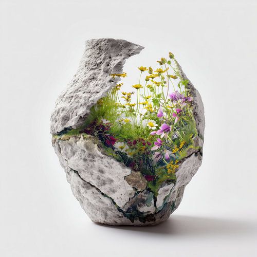 Yellow and pink wildflowers in a chipped vase