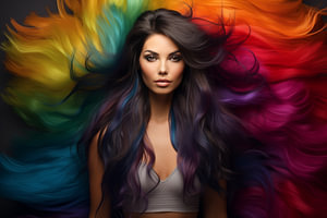 junge und schöne Frau mit langen Regenbogenfarben und schwarzem Haar-Kunstdesign