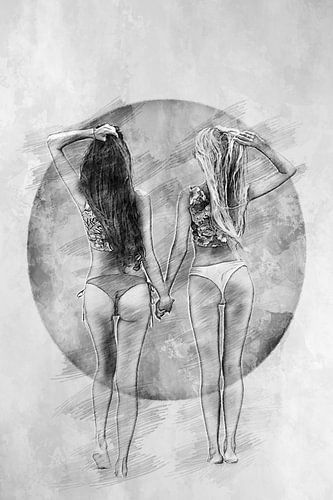 Girlfriends walk hand in hand (erotica, drawing)