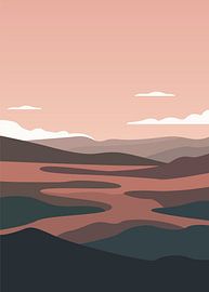 Minimalist vector landscape posters featuring layered mountains, a winding river, and soft pink twilight skies.