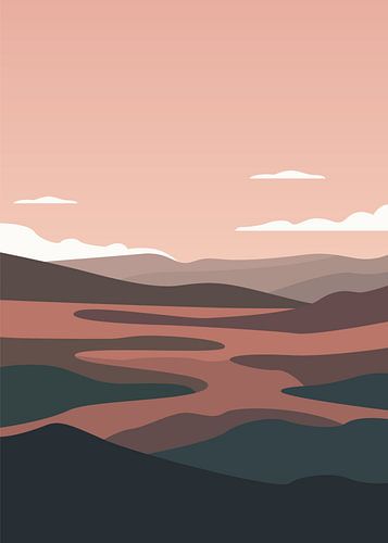 Minimalistische vectorposters met landschappen, met gelaagde bergen, een kronkelende rivier en een zachtroze schemerhemel.