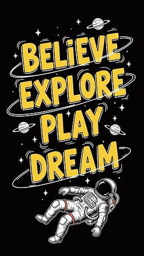 Astronaut Floating in Space Dreamy Cosmic Believe, Explore, Play, Dream