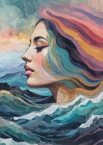 Abstract surrealisme van meisje met oceaan landschap portret