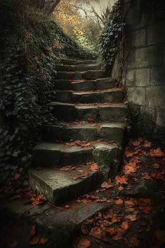 Oude stenen trap in herfst
