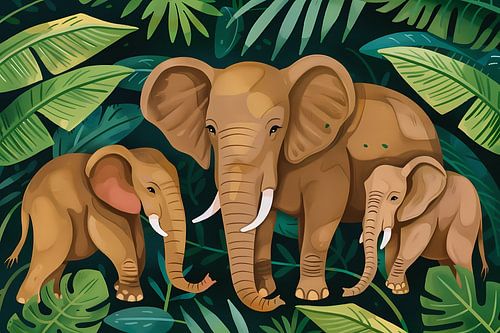 Familie Olifanten in het Groene Tropisch Woud