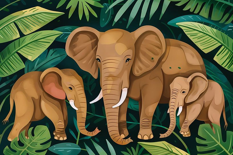 Familie Olifanten in het Groene Tropisch Woud van Art & Soul Creations