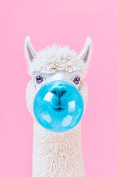 Grappige alpaca met kauwgombel van Poster Art Shop