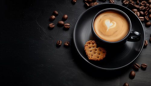 Espresso koffie met een koekje en koffiebonen panorama