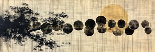 Zon, schaduw en inktlijnen in ritme Japandi panorama