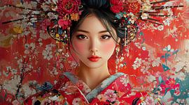 Japanese Woman in Red Kimono